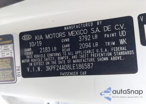 2020 Kia Forte Lxs z USA, uszkodzony, nr VIN 3KPF24AD8LE186587
